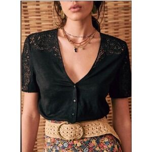 Sezane Lana Black 100% Linen Lace Shoulder V-Neck Button Front Top Size M: Boho